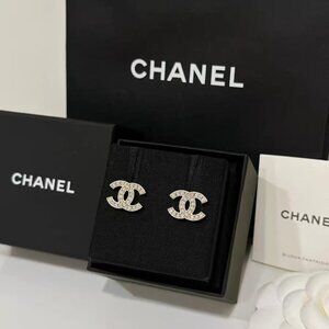 Chanel Classic CC Logo Rhinestone Stud Earrings
